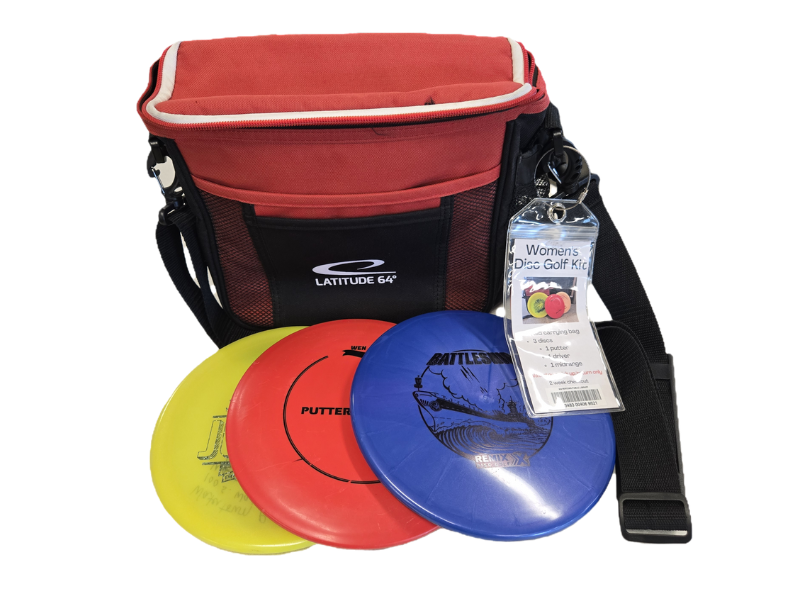 Disc Golf Set with three different colored discs and a red carrier bag