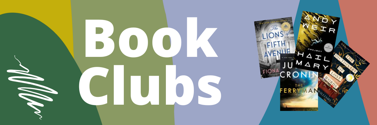 Book Clubs text with four book covers next to it. Colorful background.