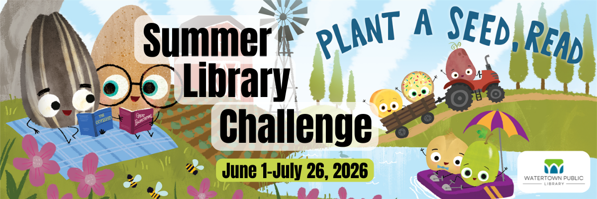 Summer Library Reading Challenge graphic with the text "June 1-July 26, 2026. Plant a Seed, Read."