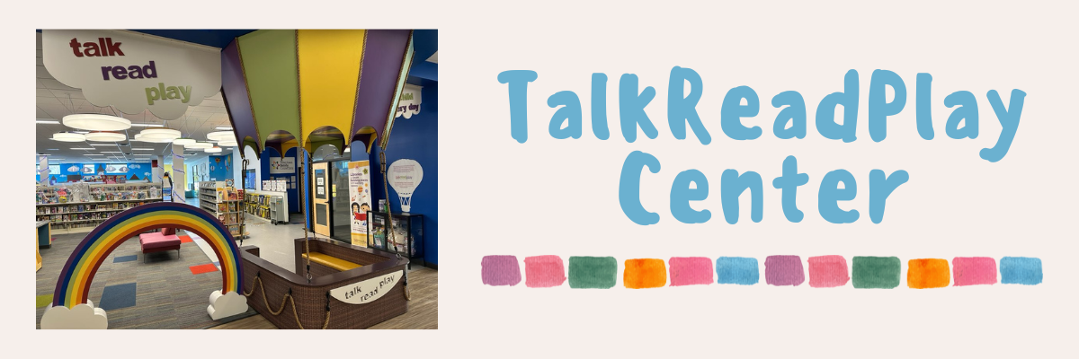 TalkReadPlay Center. Rainbow with hot air balloon to its right.