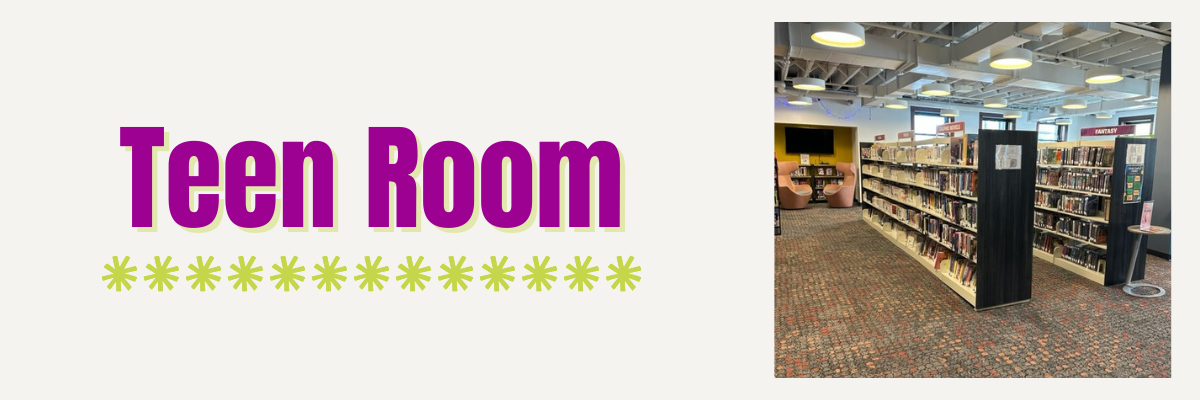 Teen Room text written in purple lettering on the left, with lime green stars below it. On the right, a photo of a room with stacks of books and a tv hanging on the wall in the back left corner.