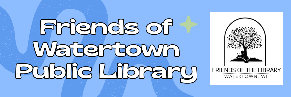 Friends of Watertown Public Library with black and white tree logo to the right. Blue background.