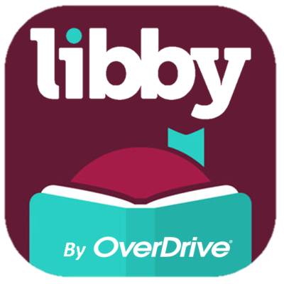 Maroon background with white text that says "Libby by OverDrive". There is a teal book cover at the bottom of the logo.