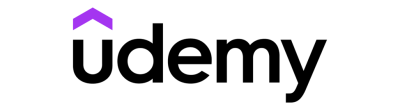 Black text that says 'Udemy' and a purple arrow above the letter 'u'.