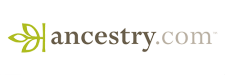 Ancestry.com grey text logo with a light green leaf