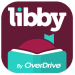 Maroon background with white text that says "Libby by OverDrive". There is a teal book cover at the bottom of the logo.