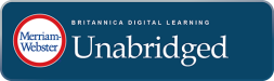 Blue rectangle background with white text that says 'Merriam-Webster Unabridged Birtannica Digital Learning'.'