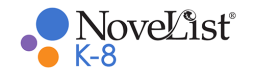 NoveList K-8 black and blue text logo with three dots in orange, blue, and purple