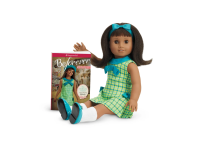American Girl Doll with brown hair, green and blue plaid dress, and a blue hair bow