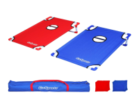 Red and blue bean bag toss boards, bags, and carrier bag