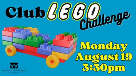 blue background, black, white and yellow text with Lego image