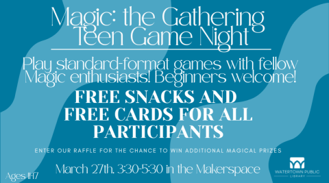 Light blue squiggles on a dark blue background with Watertown Public Library logo.