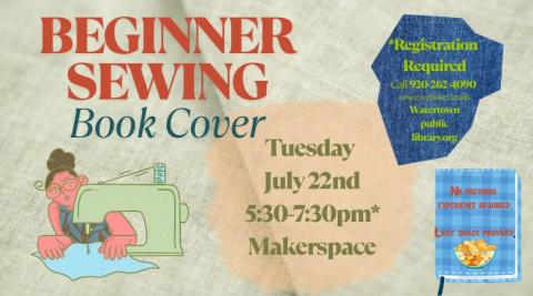 Fabric background with graphic of a feminine person at a sewing machine. Additional graphic of a book closed with stitching around the edge of the cover.