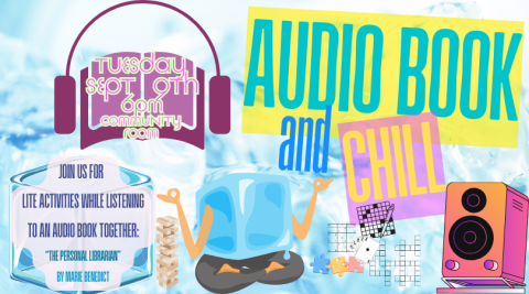 Ice cube back ground with graphic of an ice cube in a yoga position. Speaker, games, & audio book graphics included.