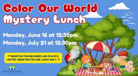 blue background, red and white lettering