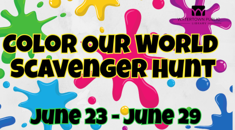 white background with colorful paint splotches, black lettering