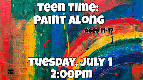 rainbow background, white lettering