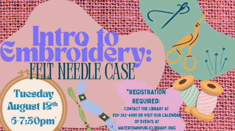 Graphics of embroidery tools such as thread and scissors with a fabric background & color splotches behind pint.