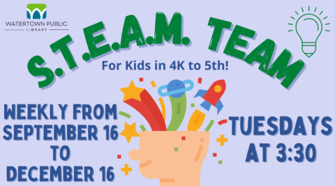 lavender background, green and blue lettering