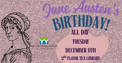 Silhouette graphic of Jane Austen from side view on a pink glitter background with WPL logo and event title etc.
