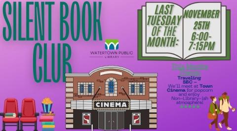 Graphics of a movie theatre exterior and red theatre seats with stacked books. A large open book backgrounds the date and time info.