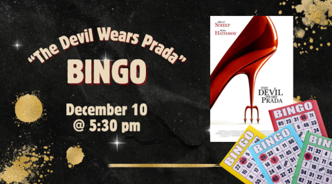 The Devil Wears Prada movie poster and Bingo cards on black and gold background.