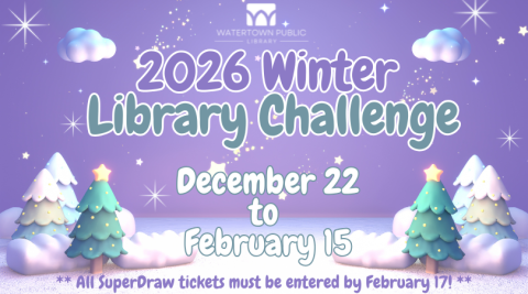 purple background, white and green lettering