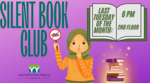 Graphic of a person in hijab shushing & holding a no talking sign next to a stack of books.  A large open book backgrounds the date and time info.