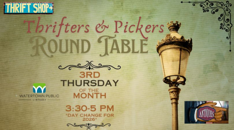 Clip art of signage pointing to antiques & thrift shops. Vintage looking lamp post separates word blocks to the right. Various text outlined in antique scroll work.