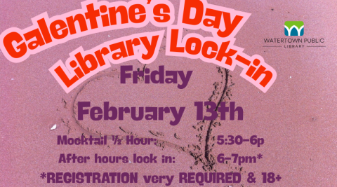 Background picture of pink sand with heart drawn in it. Watertown Public Library Logo in upper right corner.