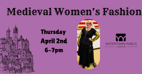 Purple back ground with black outline of medieval city on left, WPL logo on right, and staff personal photo wearing medieval clothing at center.