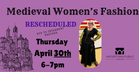 Purple background with graphic of medieval town on left and presenter image in mid center in black medieval garb.