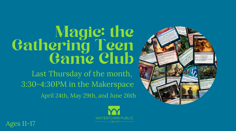 Green text on a blue background with a circular image of various trading cards. 