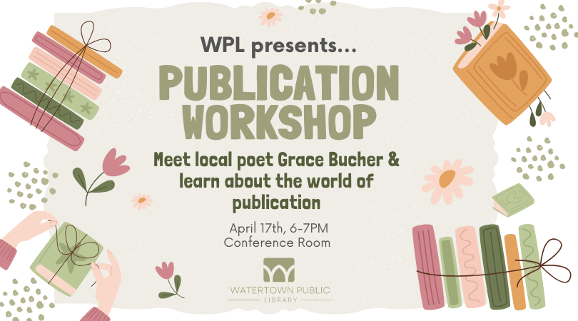 Text on a beige background with graphics of brightly colored books and flowers. 