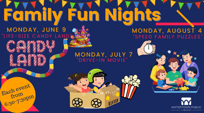 navy background, orange lettering