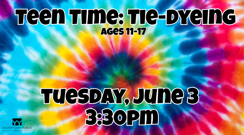 tie dye background, black lettering