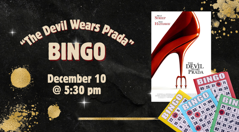 The Devil Wears Prada movie poster and Bingo cards on black and gold background.