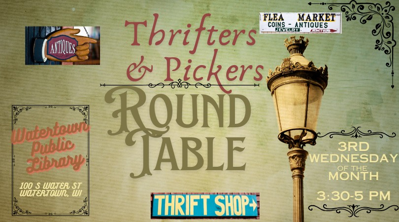 Green background with clip art of antique mall & thrift store signs.