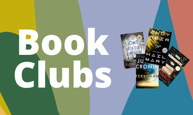 Book Clubs graphic with the covers of four different books