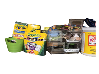 Art supplies including crayons, modge podge, and markers.