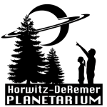Horwitz-DeRemer Planetarium black logo of a planet, two trees, and two people looking up at the planet.