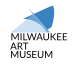 Milwaukee Art Museum with a blue building logo and black text
