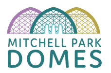 Mitchell Park Domes in teal text and three domes in pink, teal, and yellow.