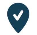 Blue icon of a location pin with a checkmark inside the pin outline