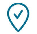 Blue icon of a location pin with a checkmark inside the pin outline
