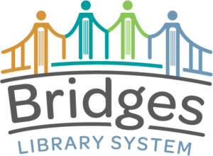 Bridges Library System grey and blue text with a bridge graphic made up of four bodies and books.