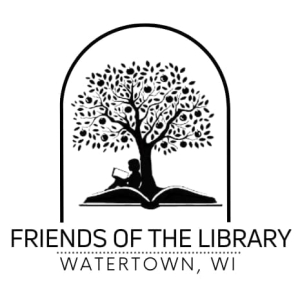 black text reading 'Friends of the Library Watertown, WI'. There is a tree with a person sitting and leaning against the tree while reading a book. There is a large open book at the base of the tree.